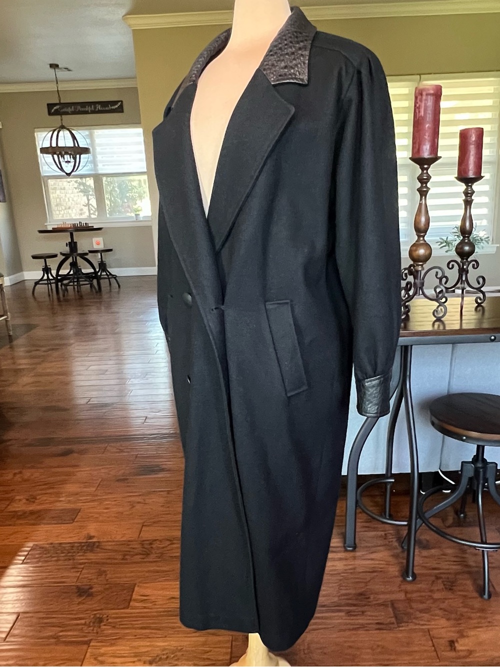 Vintage Havoc Black Wool Leather Trim Long Trench Coat USA Size 10 - Picture 4 of 15